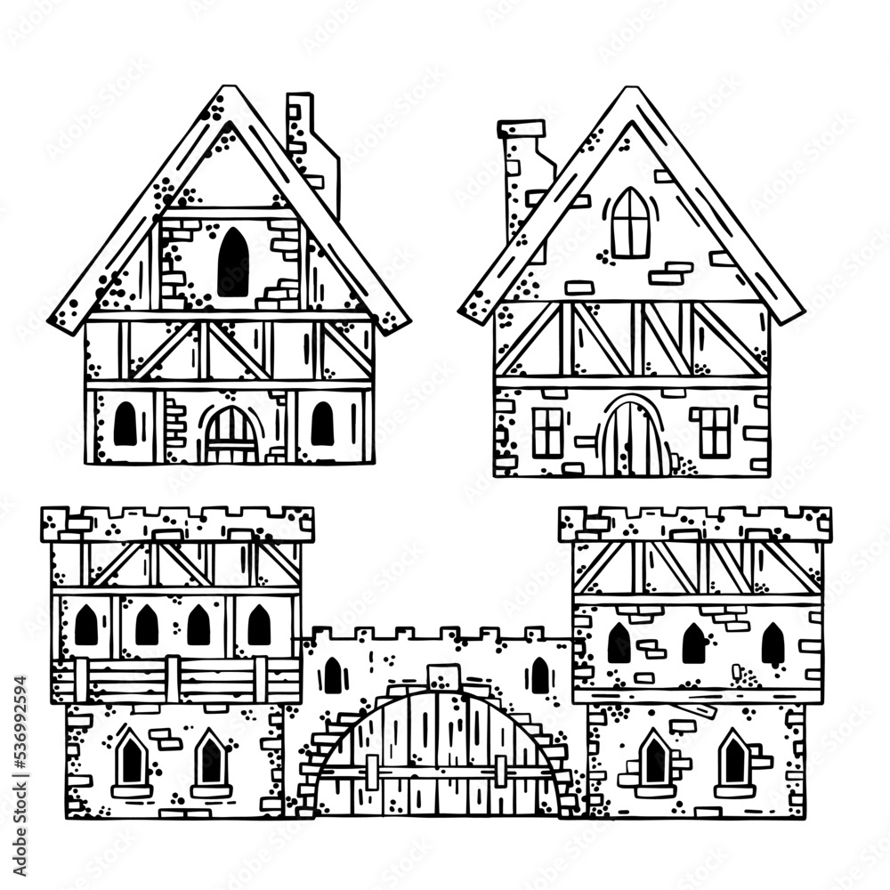 Old medieval castle with gate. European cartoon city. Fairy tale fortress with tower. Wooden German houses and street.