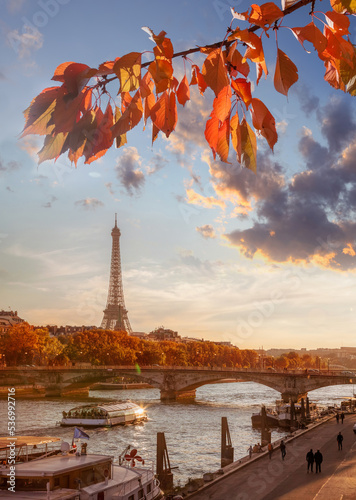 Eiffel Tower with autumn leaves against colorful sunset in Paris, France