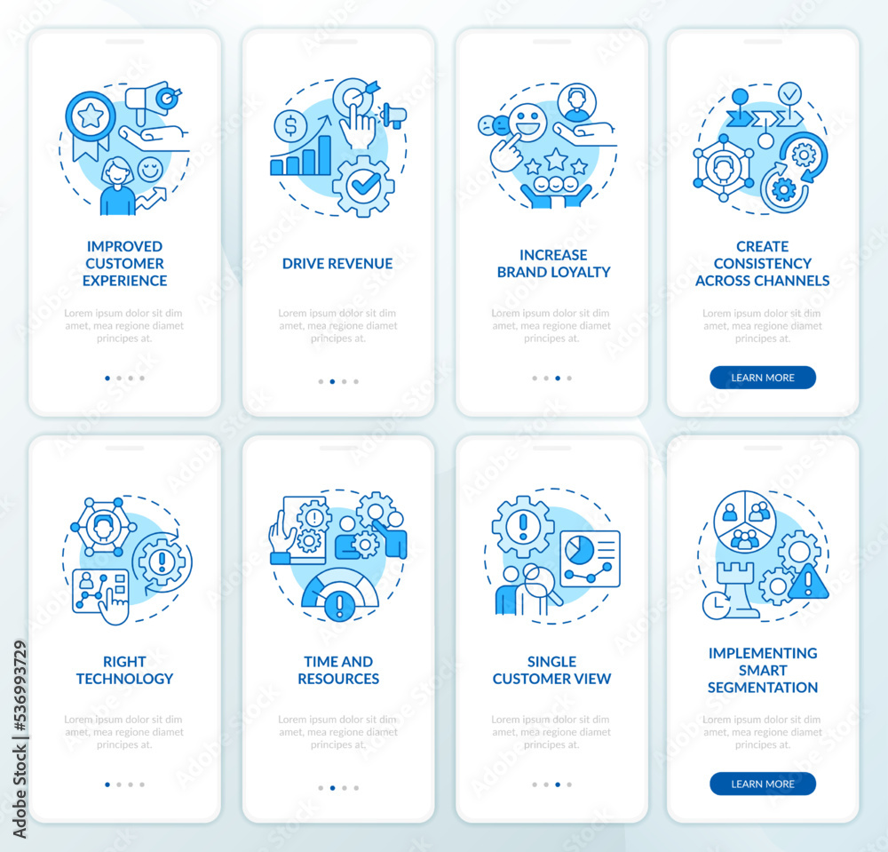 Personalized marketing blue onboarding mobile app screen set. Goals ...