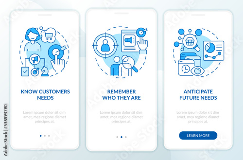 Customer behavior strategy blue onboarding mobile app screen. Walkthrough 3 steps editable graphic instructions with linear concepts. UI, UX, GUI template. Myriad Pro-Bold, Regular fonts used