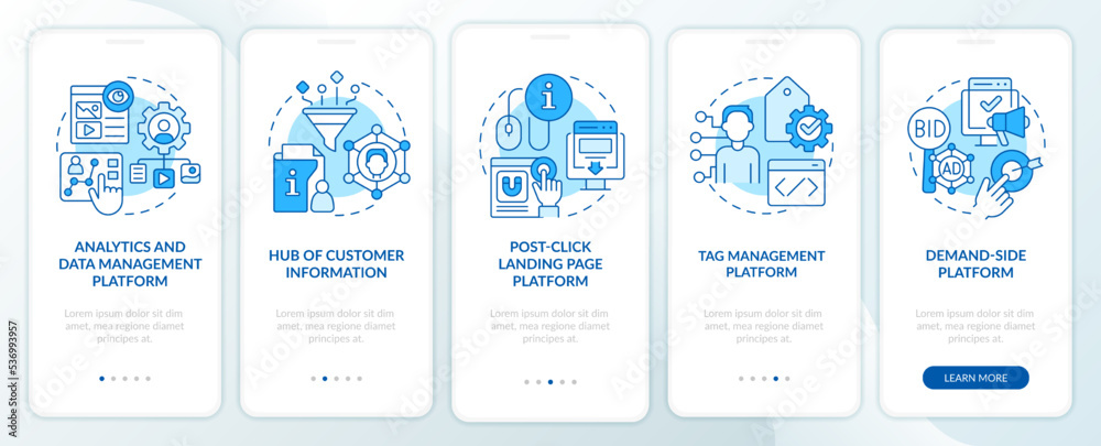Personalization marketing tools blue onboarding mobile app screen. Walkthrough 5 steps editable graphic instructions with linear concepts. UI, UX, GUI template. Myriad Pro-Bold, Regular fonts used