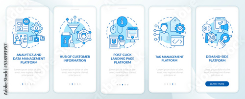 Personalization marketing tools blue onboarding mobile app screen. Walkthrough 5 steps editable graphic instructions with linear concepts. UI, UX, GUI template. Myriad Pro-Bold, Regular fonts used