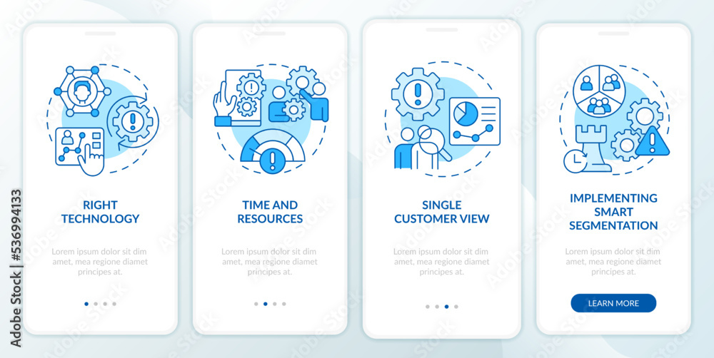Individual marketing tasks blue onboarding mobile app screen. Walkthrough 4 steps editable graphic instructions with linear concepts. UI, UX, GUI template. Myriad Pro-Bold, Regular fonts used