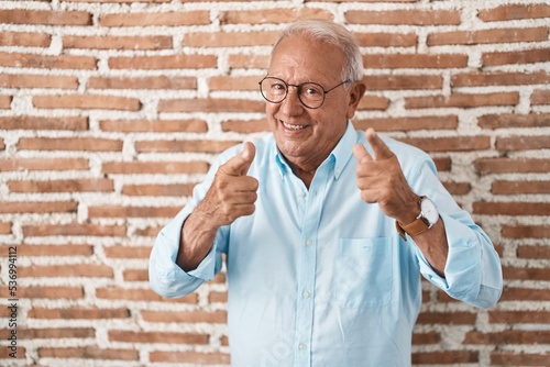 Senior man with grey hair standing over bricks wall pointing fingers to camera with happy and funny face. good energy and vibes.