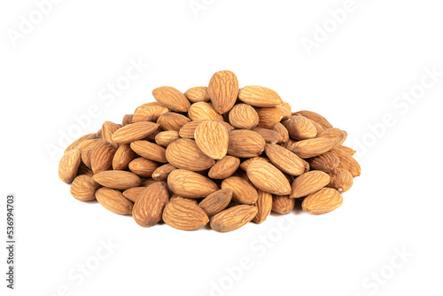 Heap of grains of almond nuts on a white background. © svdolgov