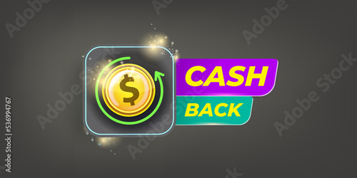 vector money cash back horizontal banner design template with cash back icon and coins isolated on modern grey background. 3d cashback bonus or money refund label horizontal banner