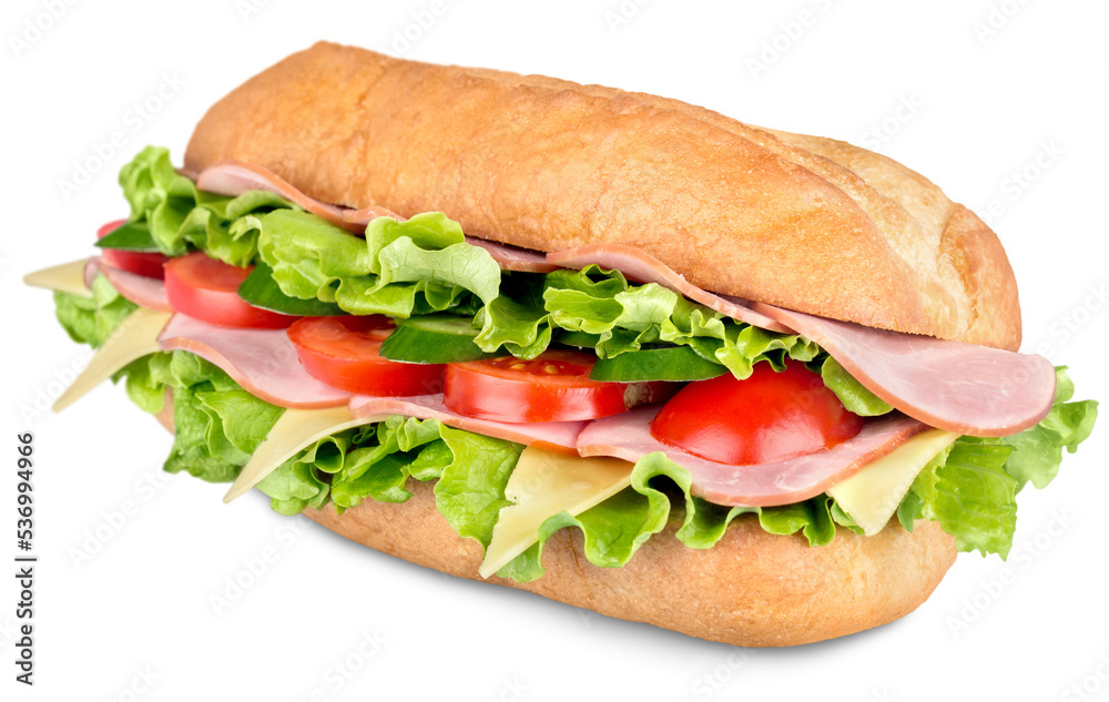 Ham and cheese salad submarine sandwich from freshly cut baguette Ham and cheese salad submarine sandwich from freshly cut baguette