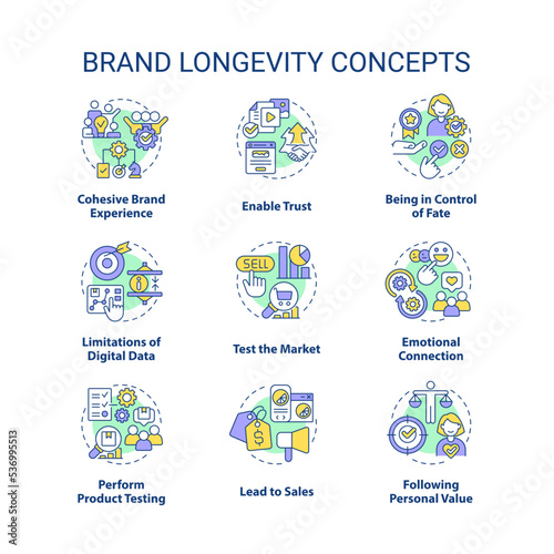 Brand longevity and service quality concept icons set. Business development idea thin line color illustrations. Isolated symbols. Editable stroke. Roboto-Medium, Myriad Pro-Bold fonts used