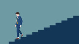Businessman in business suit walking down stairs blue color. Walking come down with stability. Isolated vector illustration on dark background.