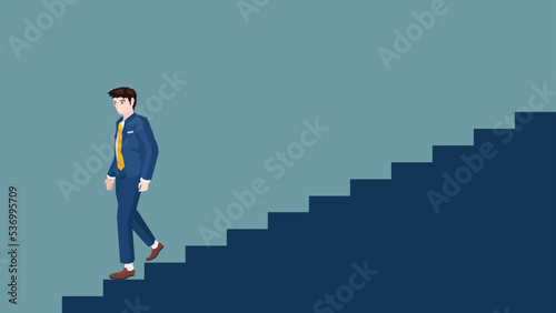 Businessman in business suit walking down stairs blue color. Walking come down with stability. Isolated vector illustration on dark background.