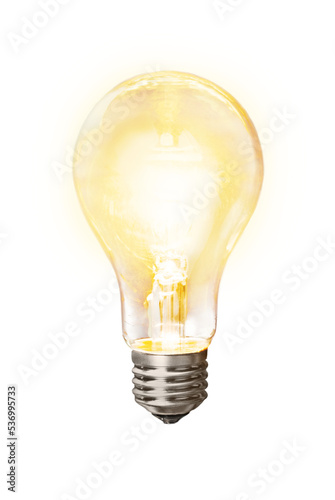 Glowing yellow light bulb on white photo