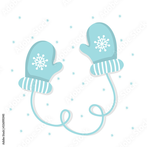 Blue knitted mittens in a flat style on a white background.