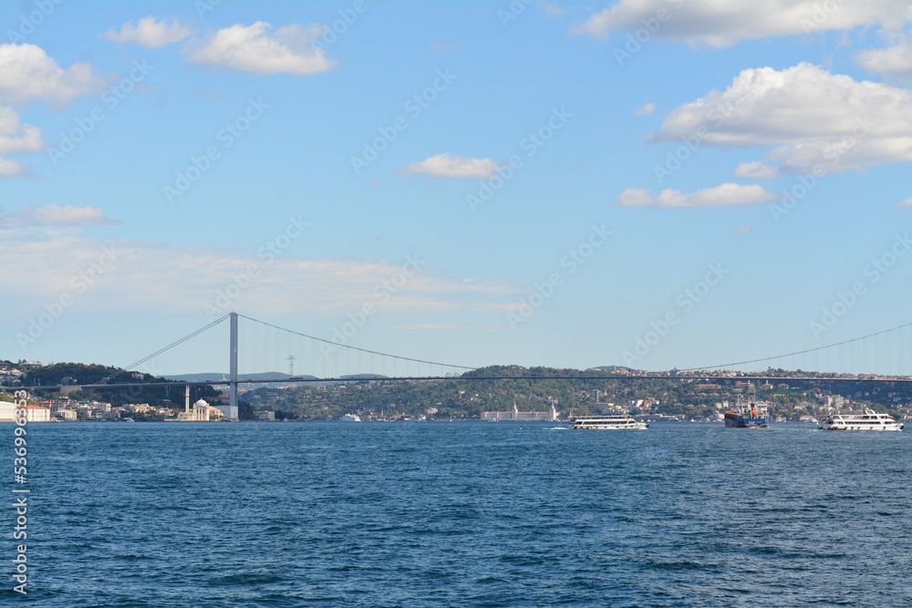 Istanbul water view, mansion, boats, sky and clouds