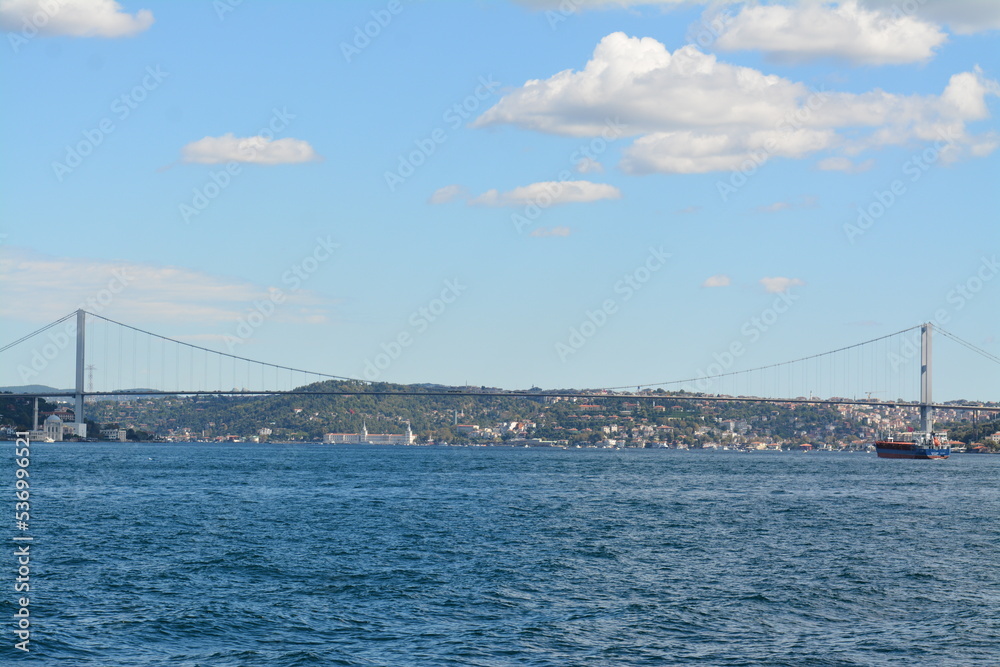 Istanbul water view, mansion, boats, sky and clouds