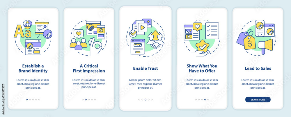 Website quality importance onboarding mobile app screen. Marketing walkthrough 5 steps editable graphic instructions with linear concepts. UI, UX, GUI template. Myriad Pro-Bold, Regular fonts used