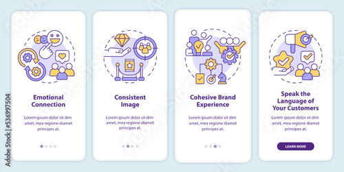 Ways to develop brand longevity onboarding mobile app screen. Business walkthrough 4 steps editable graphic instructions with linear concepts. UI, UX, GUI template. Myriad Pro-Bold, Regular fonts used