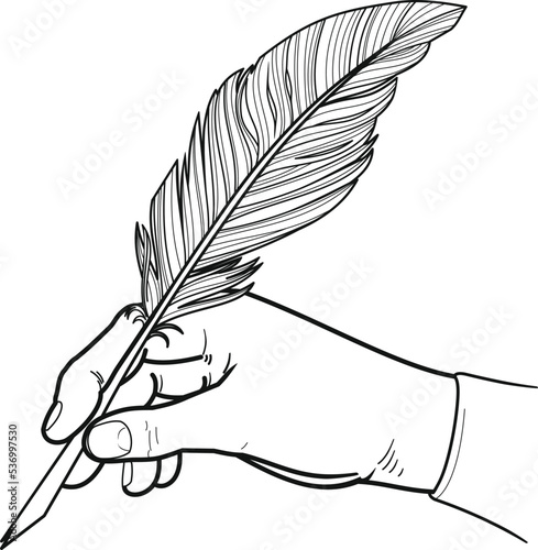 hand holding a bird feather pen for writing or drawing. Black on white background