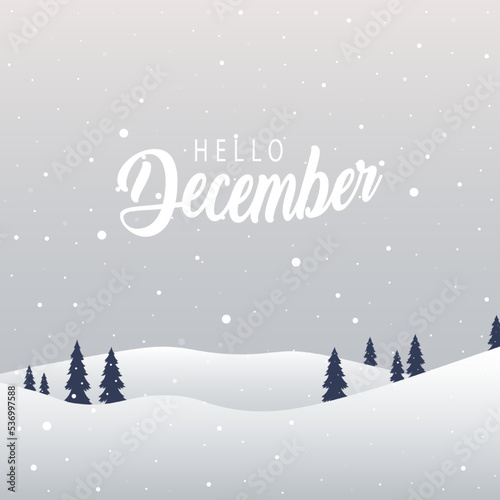 Hello December lettering with winter landscape. Elements for invitations, posters, greeting cards Seasons Greetings 