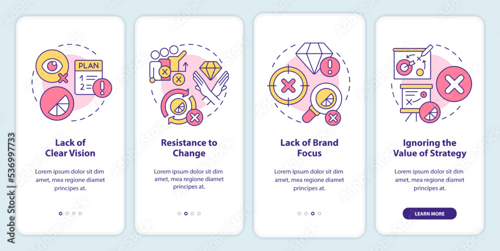 Brand longevity challenges onboarding mobile app screen. Marketing walkthrough 4 steps editable graphic instructions with linear concepts. UI, UX, GUI template. Myriad Pro-Bold, Regular fonts used