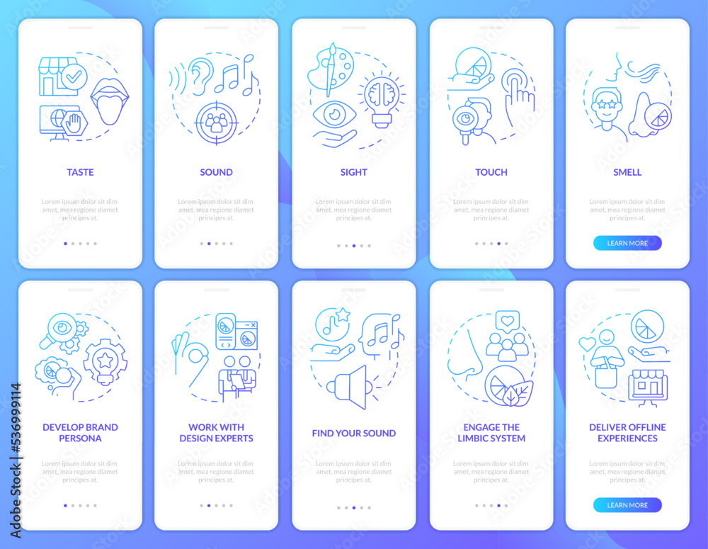 Sensory advertising blue gradient onboarding mobile app screen set. Feelings walkthrough 5 steps graphic instructions with linear concepts. UI, UX, GUI template. Myriad Pro-Bold, Regular fonts used