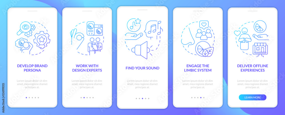 Sensory advertising strategies blue gradient onboarding mobile app screen. Walkthrough 5 steps graphic instructions with linear concepts. UI, UX, GUI template. Myriad Pro-Bold, Regular fonts used