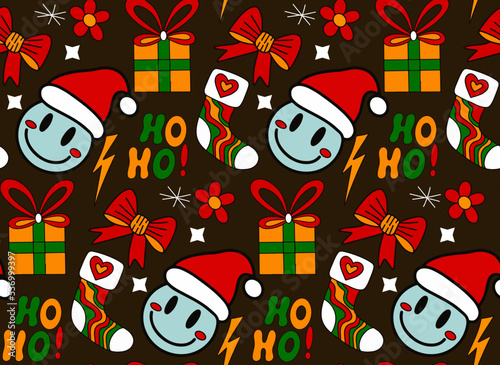 Merry Christmas Groove seamless pattern 70s style. Psychedelic hippie endless texture background