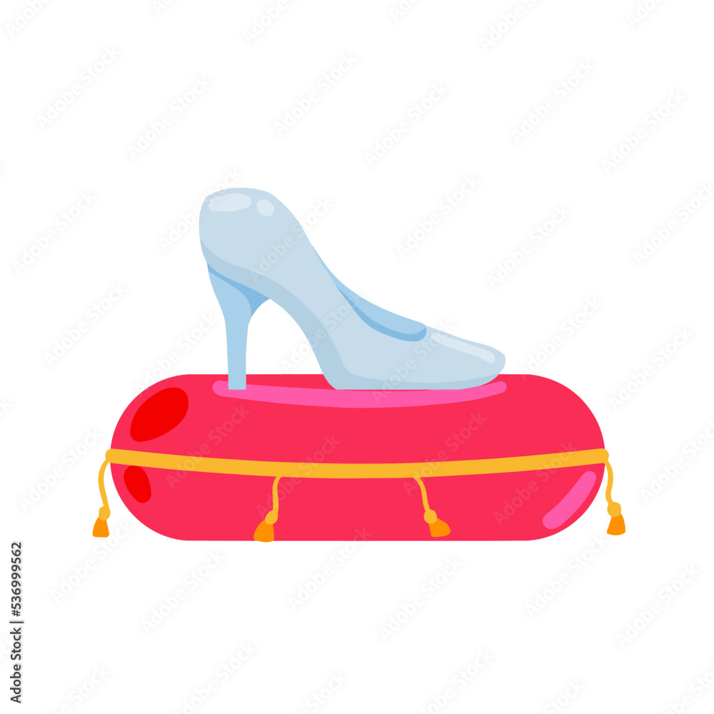 Crystal slipper on red pillow. Luxurious cushion, fabulous coronation. Glass shoes fairy tales. Crystal slipper on red pillow. Luxurious cushion, fabulous coronation. Glass shoes fairy tales.