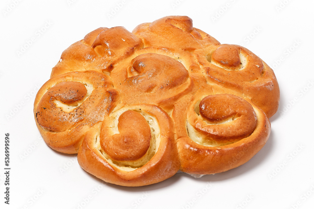 sweet white buns with vanilla cream on white background close view