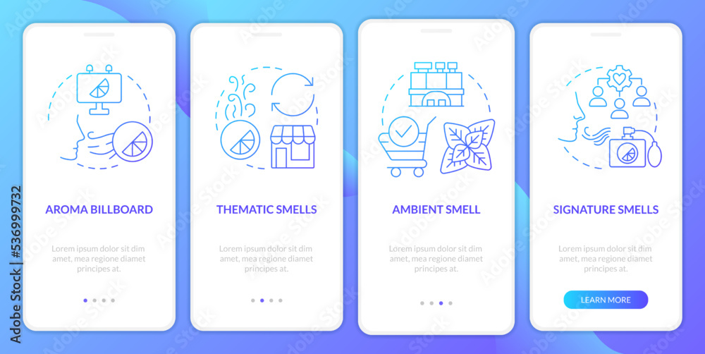 Olfactory branding types blue gradient onboarding mobile app screen. Walkthrough 4 steps graphic instructions with linear concepts. UI, UX, GUI template. Myriad Pro-Bold, Regular fonts used
