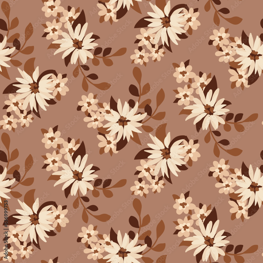 Seamless floral pattern, delicate ditsy print in natural colors. Abstract botanical arrangement with small hand drawn flowers, leaves in bouquets on a light background. Vector illustration. Seamless floral pattern, delicate ditsy print in natural colors. Abstract botanical arrangement with small hand drawn flowers, leaves in bouquets on a light background. Vector illustration.