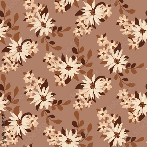 Seamless floral pattern  delicate ditsy print in natural colors. Abstract botanical arrangement with small hand drawn flowers  leaves in bouquets on a light background. Vector illustration.