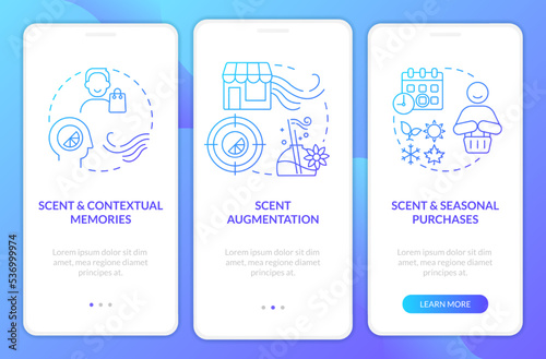 Aroma marketing in commerce blue gradient onboarding mobile app screen. Walkthrough 3 steps graphic instructions with linear concepts. UI, UX, GUI template. Myriad Pro-Bold, Regular fonts used