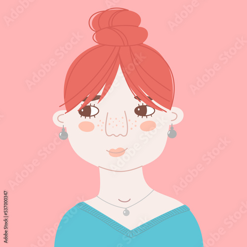 Portrait of a cute smiling young woman with red hair. Vector flat illustration of a girl in a sweater. Modern lady with bun hairstyle looks sideways. Hand drawn cartoon avatar for social network.