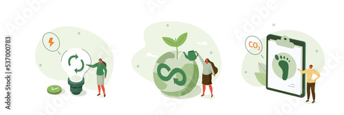 Circular economy illustration set. Sustainable economic growth, recourses reuse and reduce co2 emission and climate impact. ESG, green energy and industry concept. Vector illustration. 