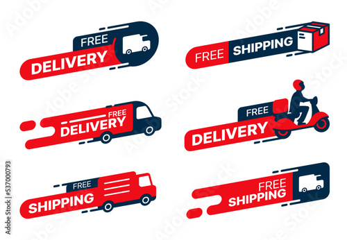Free delivery icons, fast shipping and courier service labels, vector truck cargo tags. Free delivery stickers with parcel box on express order car of food van and scooter with free delivery package