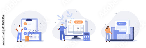 
Financial administration set. Characters calculating and filling salary payslip and payroll report. Business accounting, organization and audit concept. Vector illustration. photo