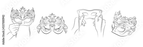 Hand drawn Venetian carnival masks collection in line art style. Vintage party masks in black and white. Masquerade mask for festive invitations, banners, greeting cards, coloring books. Sketch