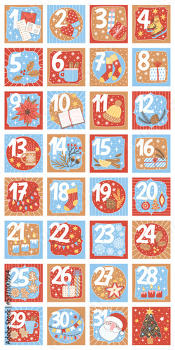 New Year and Christmas advent calendar with holiday elements. Xmas Poster and calendar for december with numbers 1 to 31. Vector illustration for celebration preparation in trendy style.