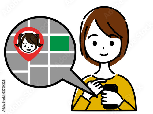 GPSで子供の位置情報を把握しスマホで確認する母親
