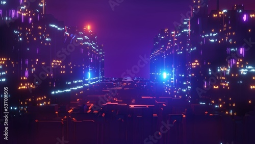 3d render of Cyber punk night city landscape concept. Light glowing on dark scene. Night life. Technology network for 5g. Beyond generation and futuristic of Sci-Fi Capital city and building scene.