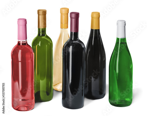 Photography Various bottles of wine isolated on white background