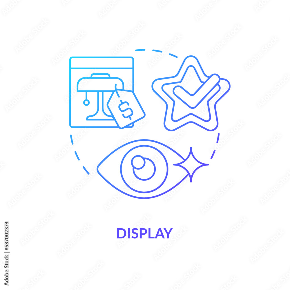 Display blue gradient concept icon. Visualization in retail marketing abstract idea thin line illustration. Product placement in store. Isolated outline drawing. Myriad Pro-Bold font used Display blue gradient concept icon. Visualization in retail marketing abstract idea thin line illustration. Product placement in store. Isolated outline drawing. Myriad Pro-Bold font used