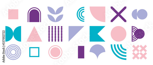 Modern geometric forms. Minimal basic abstract shapes swiss bauhaus style, primitive contemporary dynamic blocks. Brutalism basic forms, lines, eye, circles and patterns, art vector set