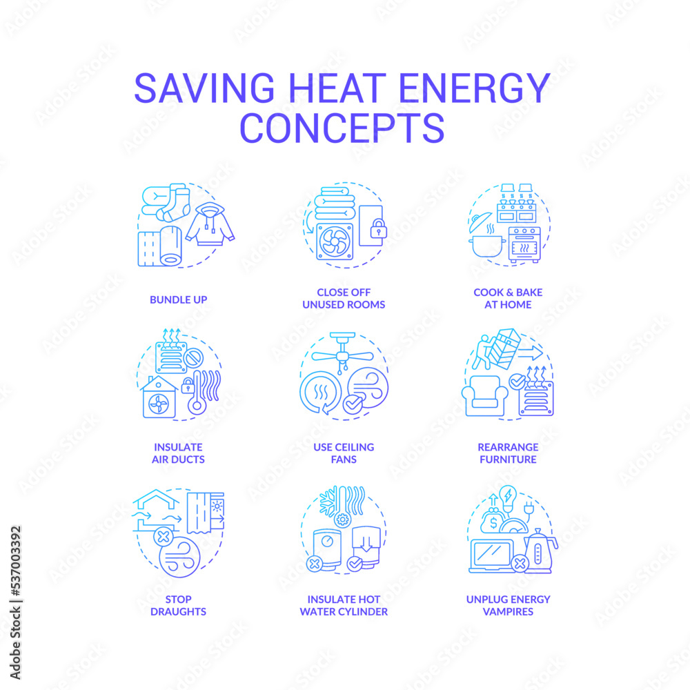 Consuming heat energy less blue gradient concept icons set. Save electricity. Prepare house for winter idea thin line color illustrations. Isolated symbols. Roboto-Medium, Myriad Pro-Bold fonts used