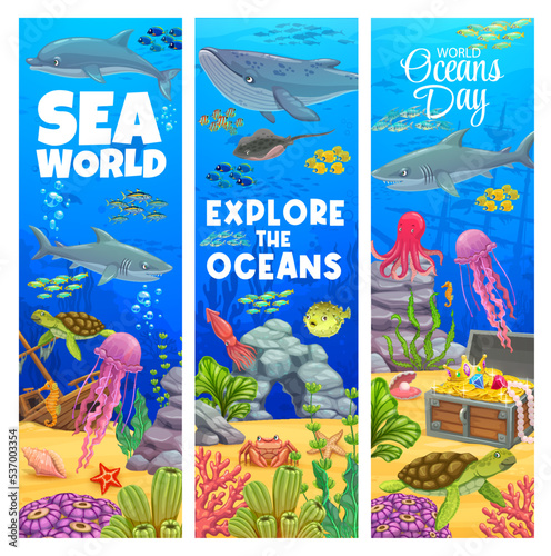Cartoon underwater landscape banners with sea bottom, sunken ship, whale, turtle, fish shoal, treasure chest, tropical corals and seaweed plants. Vector banners of world ocean day
