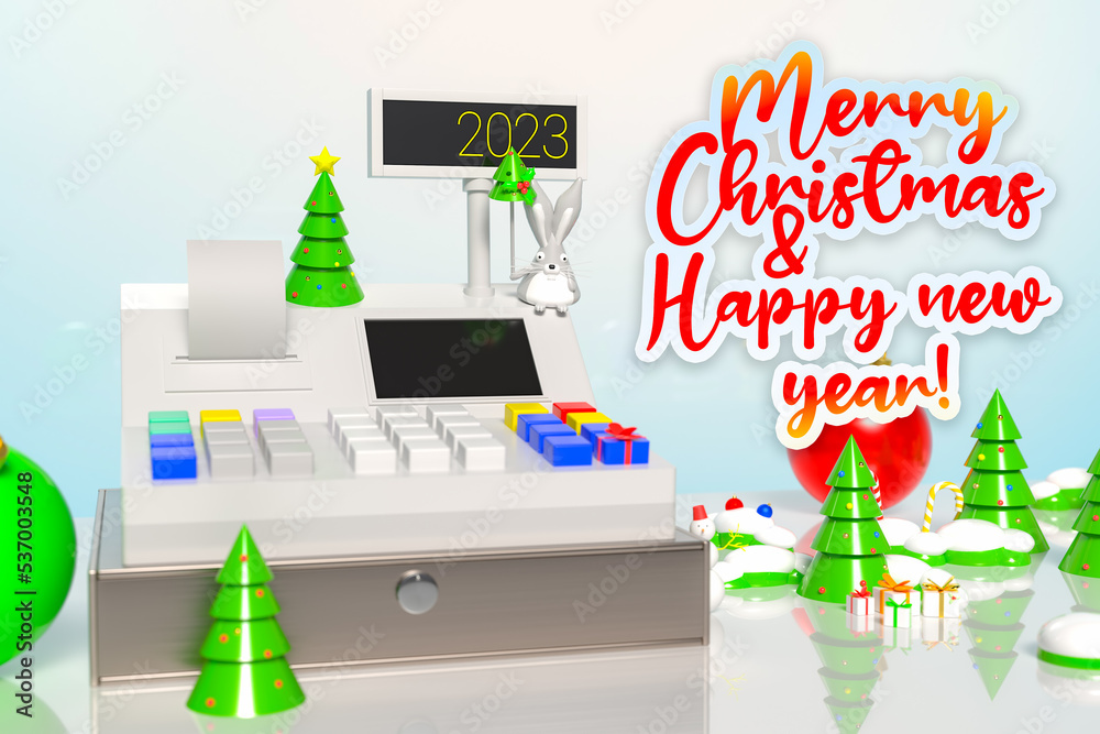 Background with a cash register surrounded by Christmas trees and decorations with the inscription Merry Christmas and happy new year. Template on the theme of holidays in shops and retail