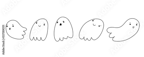 Halloween cute ghost house in sketch style. Doodle little ghost. funny smiling samhain ghosts set, spirit and sweets on white background. trick or treat stock cartoon image.