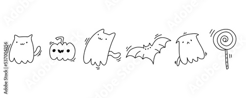 Halloween cat ghost in cute kawaii sketch style. Doodle little ghost, bat, pumpkin, candy. Funny smiling samhain ghosts set, spirit and sweets on white background. trick or treat stock cartoon image.