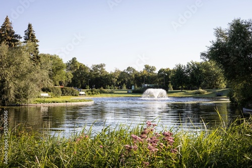 Beautiful shot of a fountain in a lake surrounded by trees in a park photo
