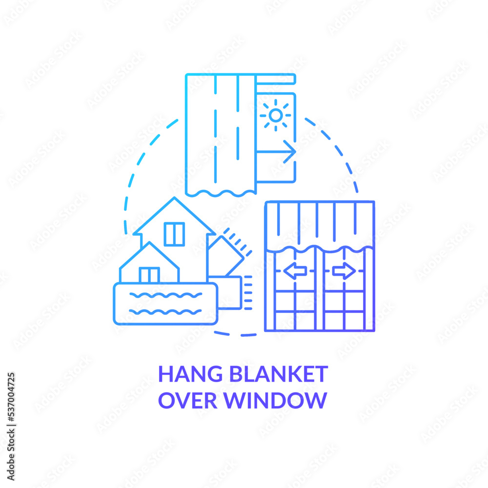 Hang blanket over window blue gradient concept icon. Winterized window. Reduce house heat loss. Draught proof abstract idea thin line illustration. Isolated outline drawing. Myriad Pro-Bold font used